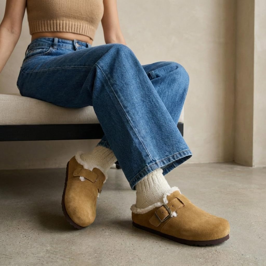 image:imageCUSHIONAIRE Haven Genuine Leather Clogs for Women Faux Fur Lined SlipOn Womens Shoes with Cork Footbed and Adjustable BuckleCamel