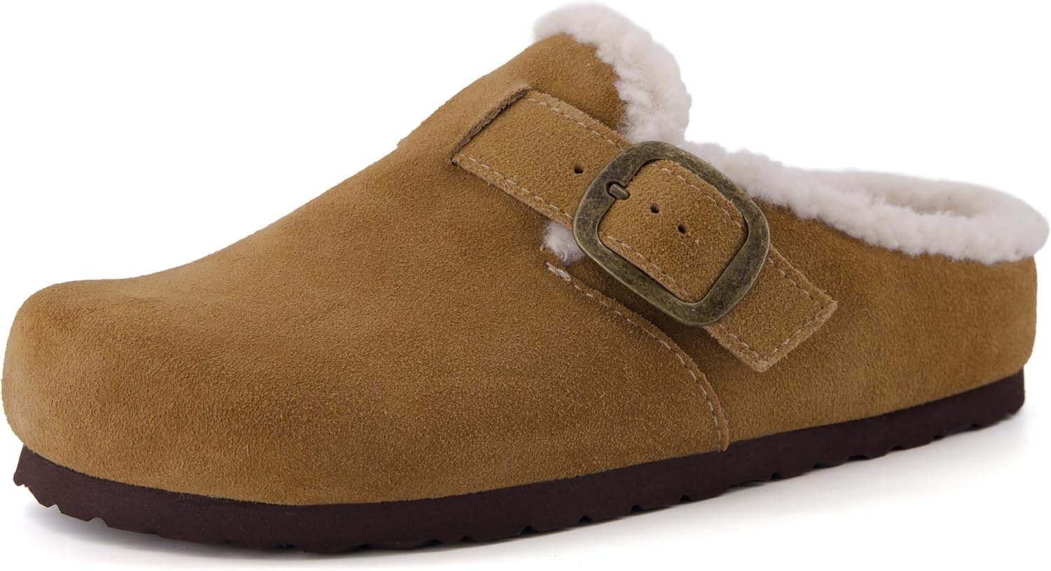 image:imageCUSHIONAIRE Haven Genuine Leather Clogs for Women Faux Fur Lined SlipOn Womens Shoes with Cork Footbed and Adjustable BuckleCamel