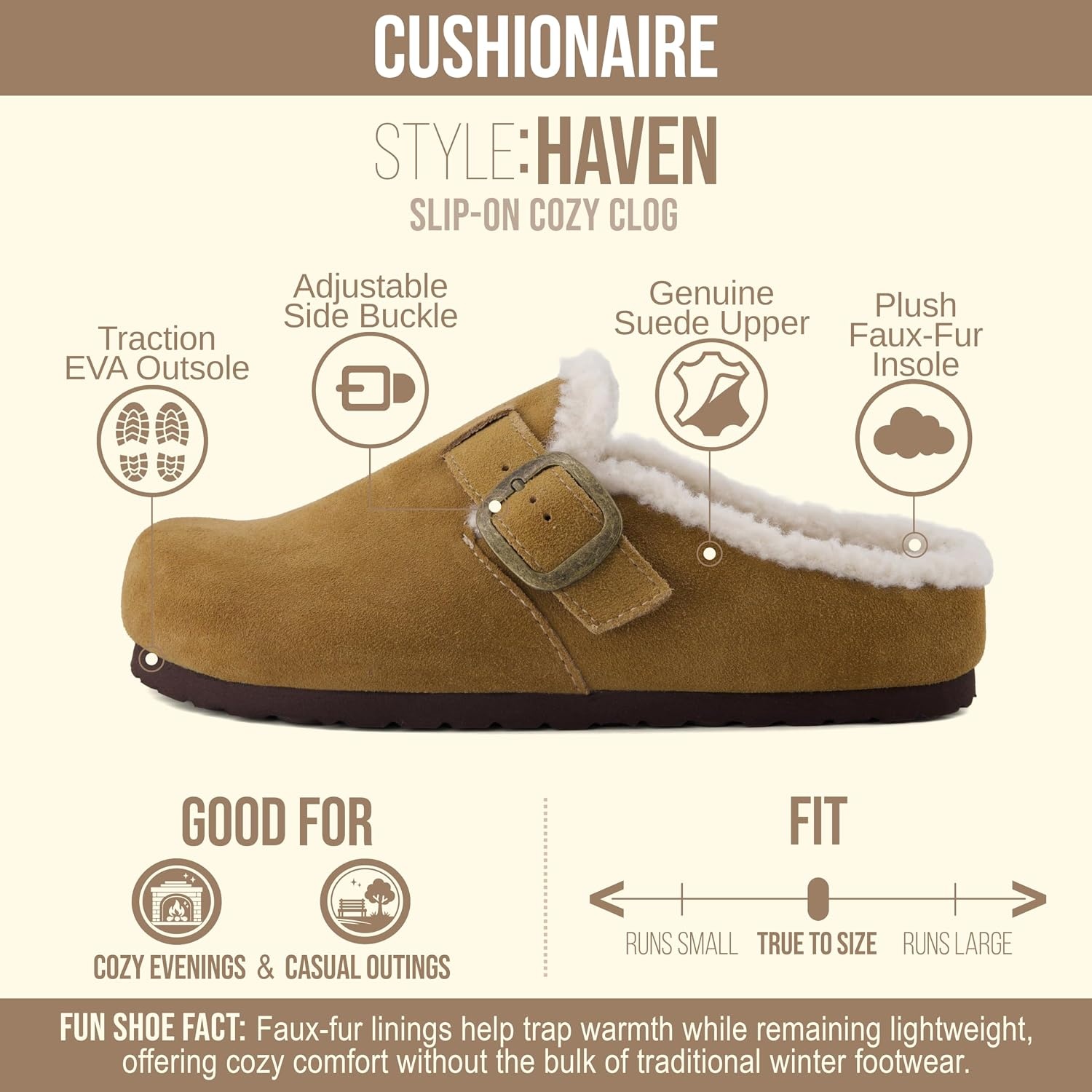 image:imageCUSHIONAIRE Haven Genuine Leather Clogs for Women Faux Fur Lined SlipOn Womens Shoes with Cork Footbed and Adjustable BuckleCamel