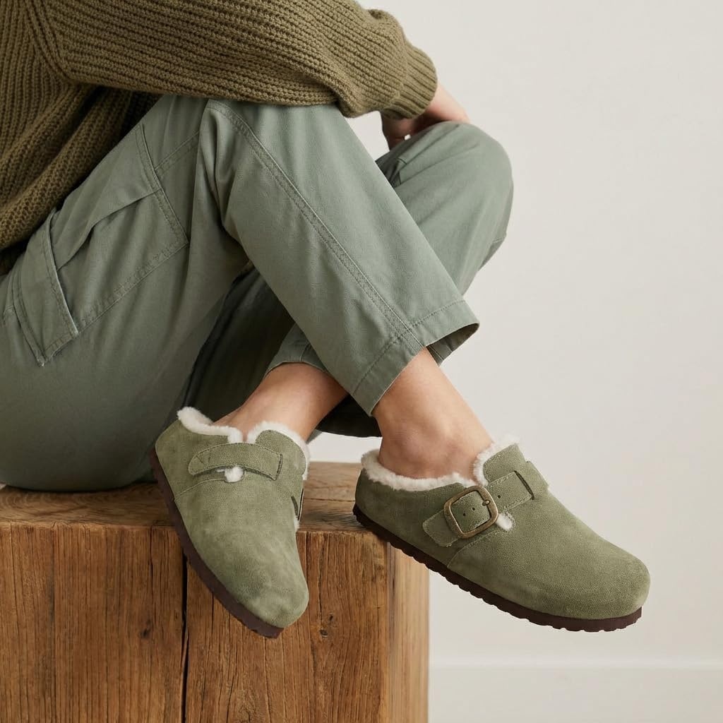 image:imageCUSHIONAIRE Haven Genuine Leather Clogs for Women Faux Fur Lined SlipOn Womens Shoes with Cork Footbed and Adjustable BuckleKhaki