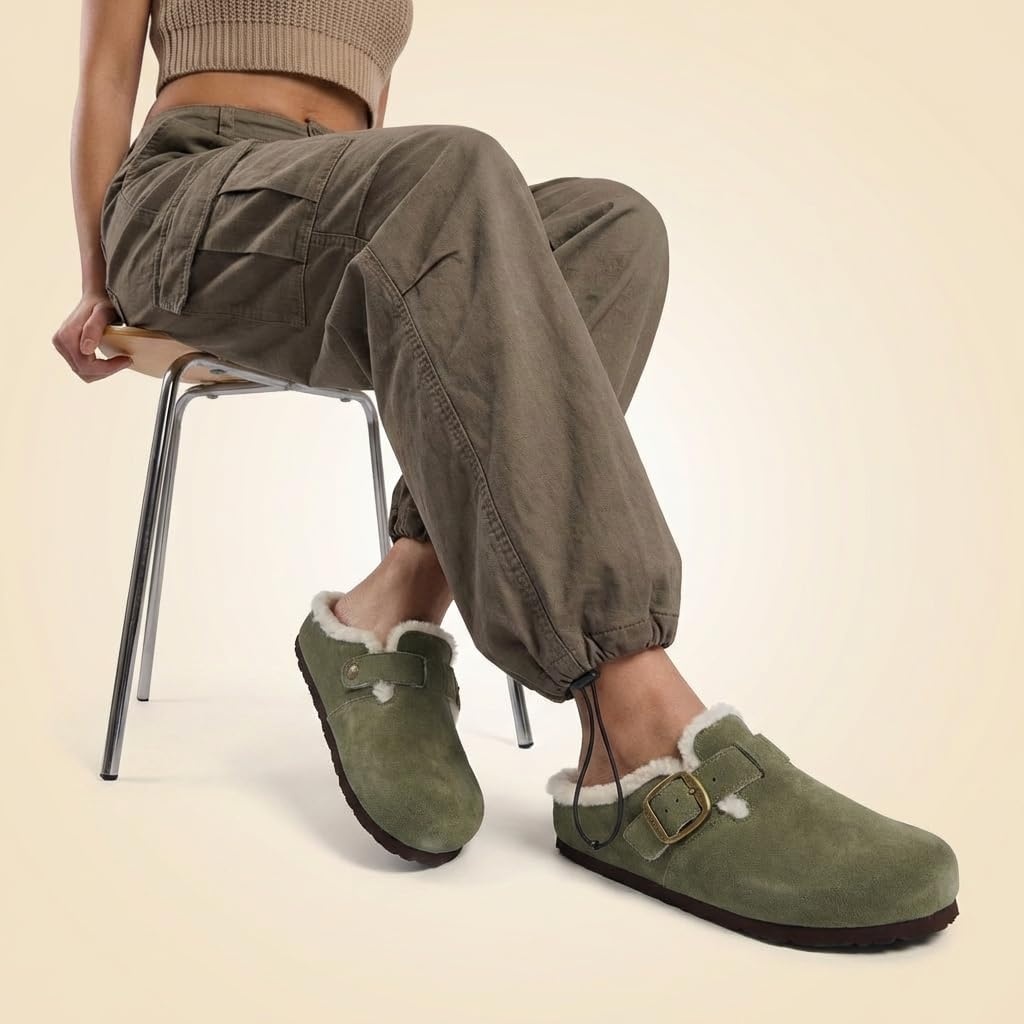 image:imageCUSHIONAIRE Haven Genuine Leather Clogs for Women Faux Fur Lined SlipOn Womens Shoes with Cork Footbed and Adjustable BuckleKhaki