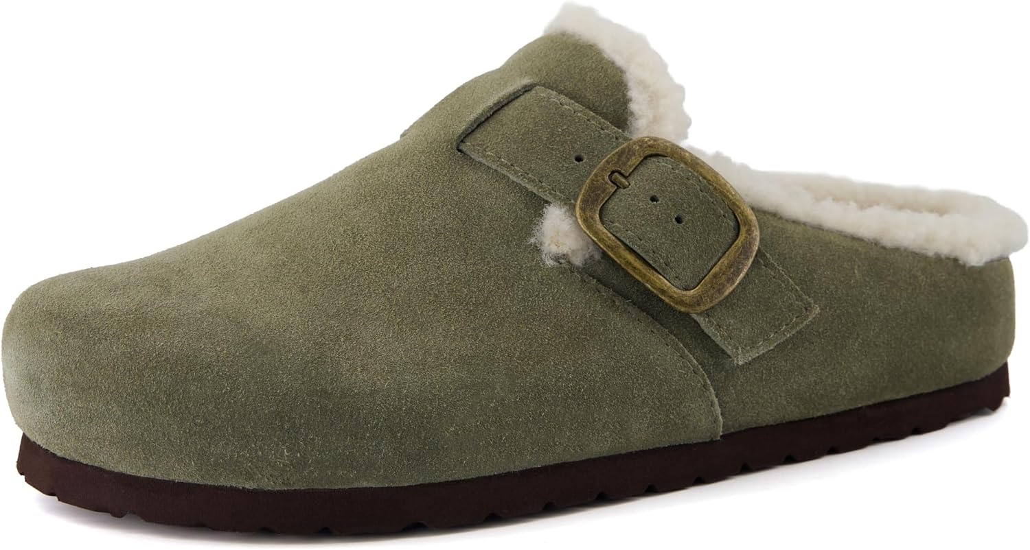image:imageCUSHIONAIRE Haven Genuine Leather Clogs for Women Faux Fur Lined SlipOn Womens Shoes with Cork Footbed and Adjustable BuckleKhaki