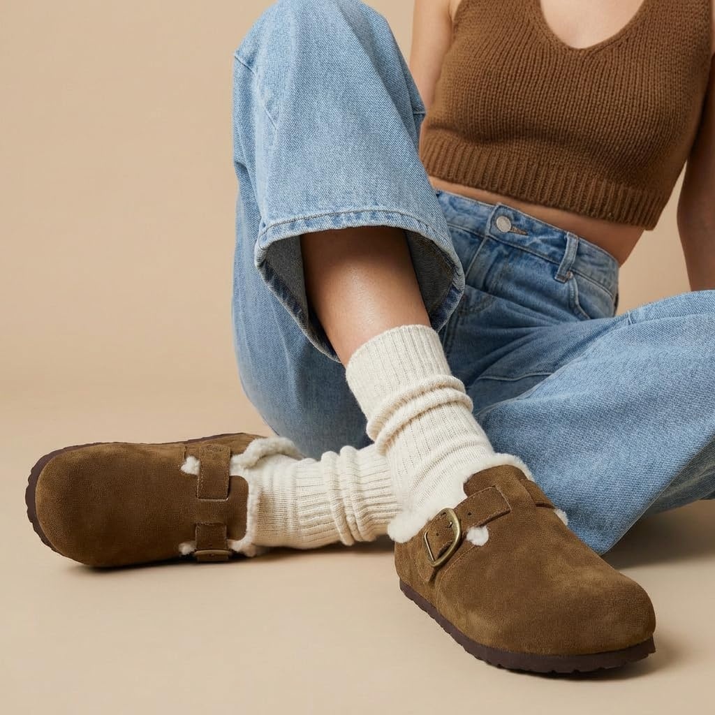 image:imageCUSHIONAIRE Haven Genuine Leather Clogs for Women Faux Fur Lined SlipOn Womens Shoes with Cork Footbed and Adjustable BuckleMid Brown