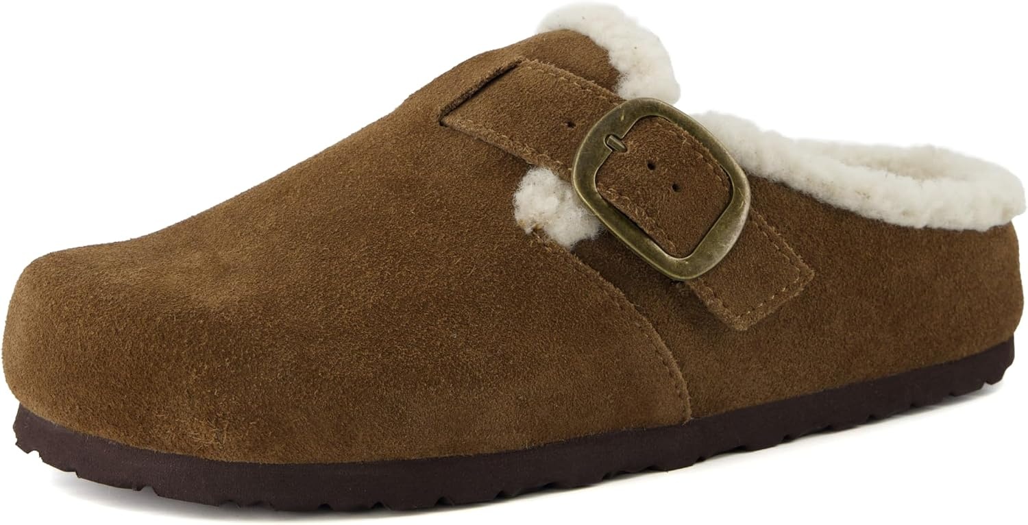 image:imageCUSHIONAIRE Haven Genuine Leather Clogs for Women Faux Fur Lined SlipOn Womens Shoes with Cork Footbed and Adjustable BuckleMid Brown