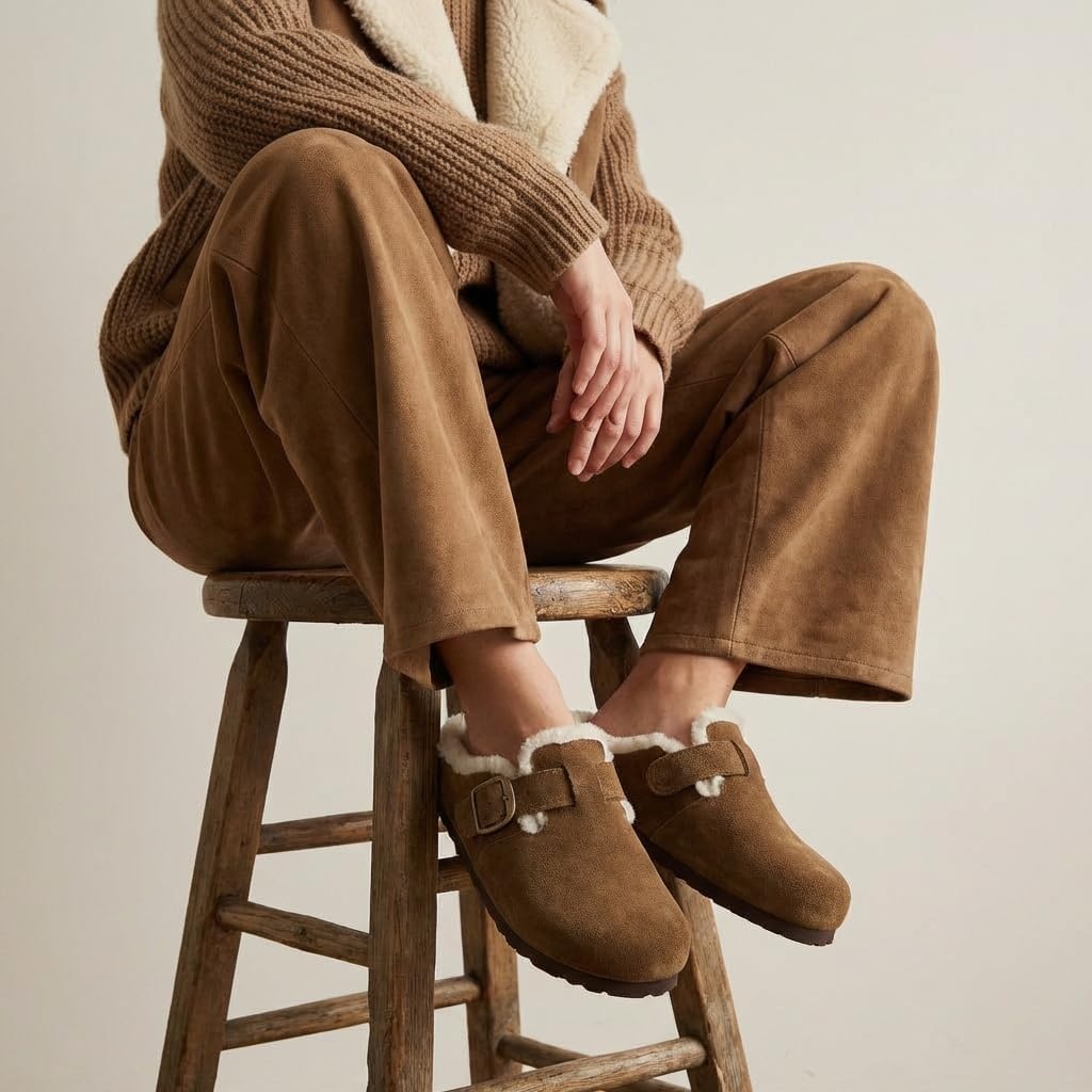 image:imageCUSHIONAIRE Haven Genuine Leather Clogs for Women Faux Fur Lined SlipOn Womens Shoes with Cork Footbed and Adjustable BuckleMid Brown