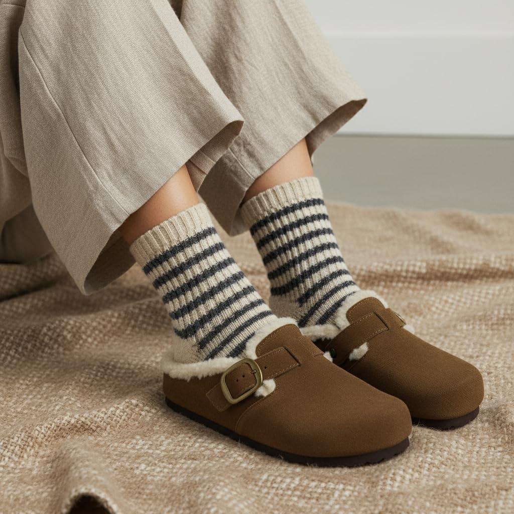 image:imageCUSHIONAIRE Haven Genuine Leather Clogs for Women Faux Fur Lined SlipOn Womens Shoes with Cork Footbed and Adjustable BuckleMid Brown