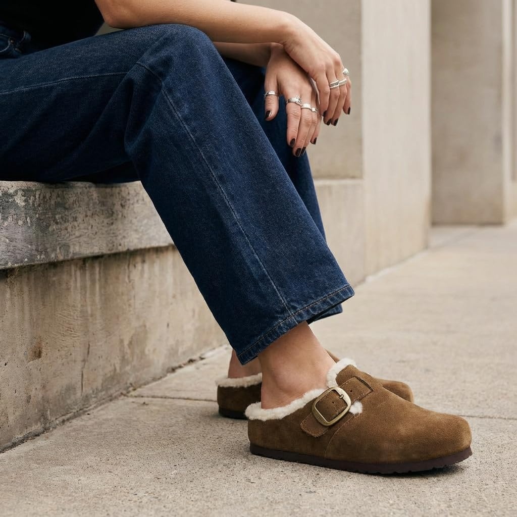 image:imageCUSHIONAIRE Haven Genuine Leather Clogs for Women Faux Fur Lined SlipOn Womens Shoes with Cork Footbed and Adjustable BuckleMid Brown