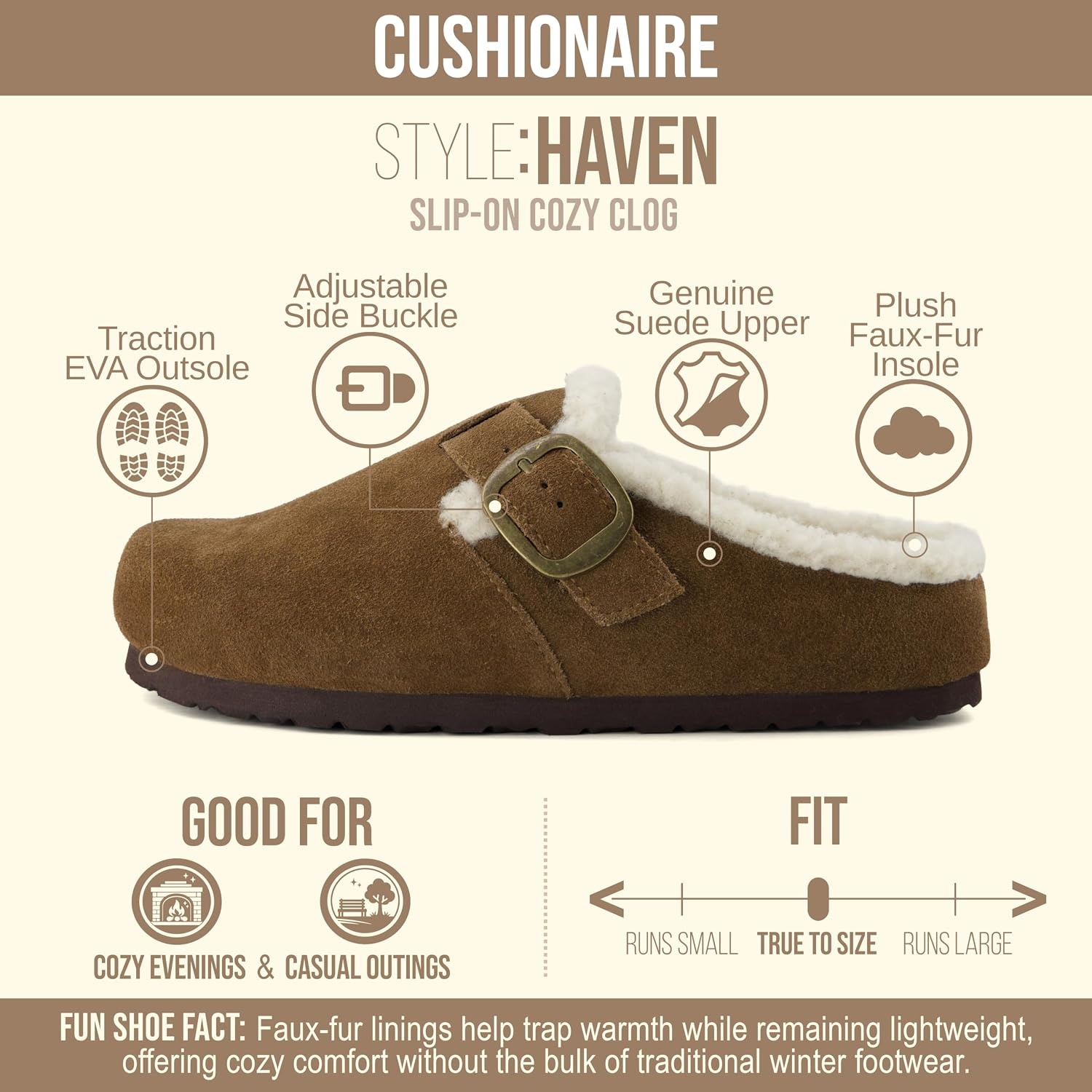 image:imageCUSHIONAIRE Haven Genuine Leather Clogs for Women Faux Fur Lined SlipOn Womens Shoes with Cork Footbed and Adjustable BuckleMid Brown