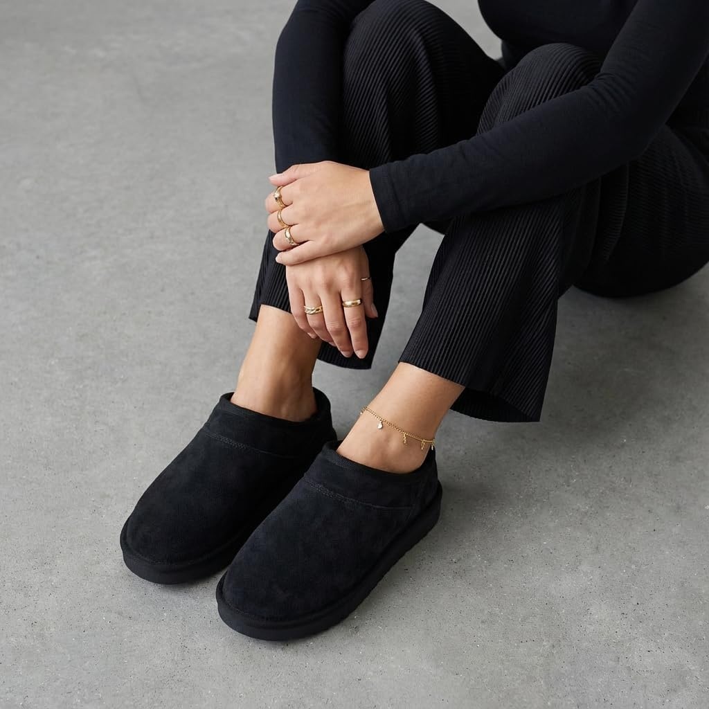 image:imageCUSHIONAIRE Hilo3 Cozy Suede Womens Slippers Soft Faux Fur Lined Slip On House Shoes for Women with Cushioned Memory FoamBlack Midnight Genuine Suede