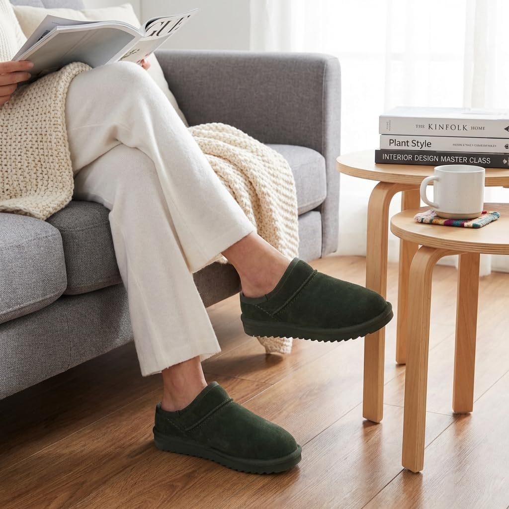 image:imageCUSHIONAIRE Hilo3 Cozy Suede Womens Slippers Soft Faux Fur Lined Slip On House Shoes for Women with Cushioned Memory FoamForest Green 2