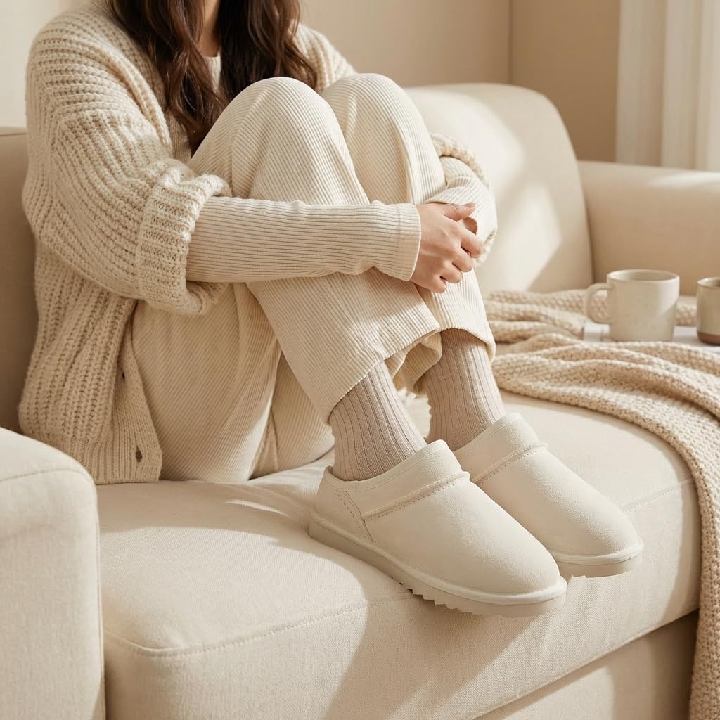 image:imageCUSHIONAIRE Hilo3 Cozy Suede Womens Slippers Soft Faux Fur Lined Slip On House Shoes for Women with Cushioned Memory FoamOff White 2