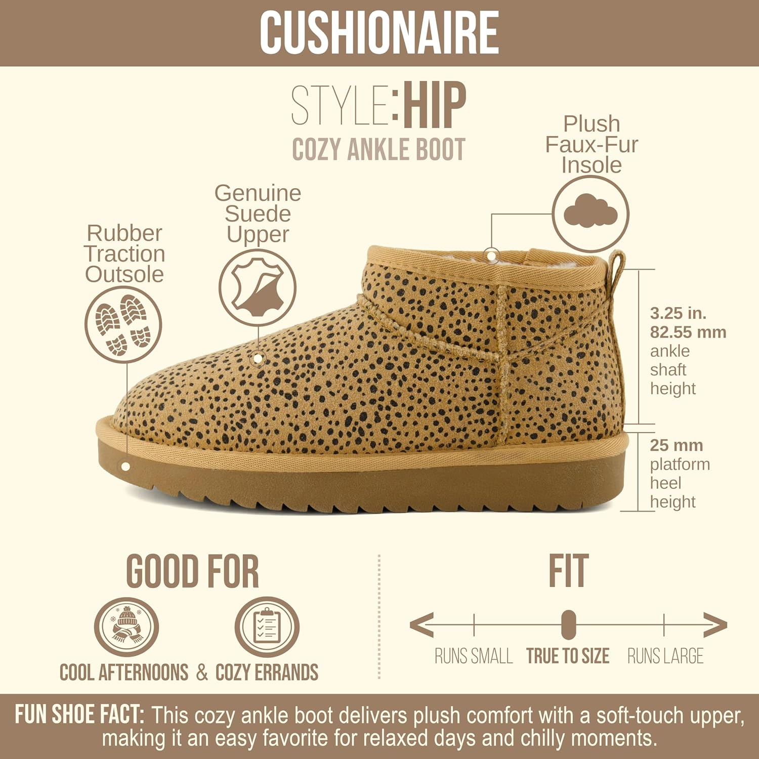 image:imageCUSHIONAIRE Hip3 Genuine Suede Leather Ankle Boots for Women Pull On Cozy Faux Fur Boots Womens Shoes with Comfortable Memory FoamCheetah Genuine Suede