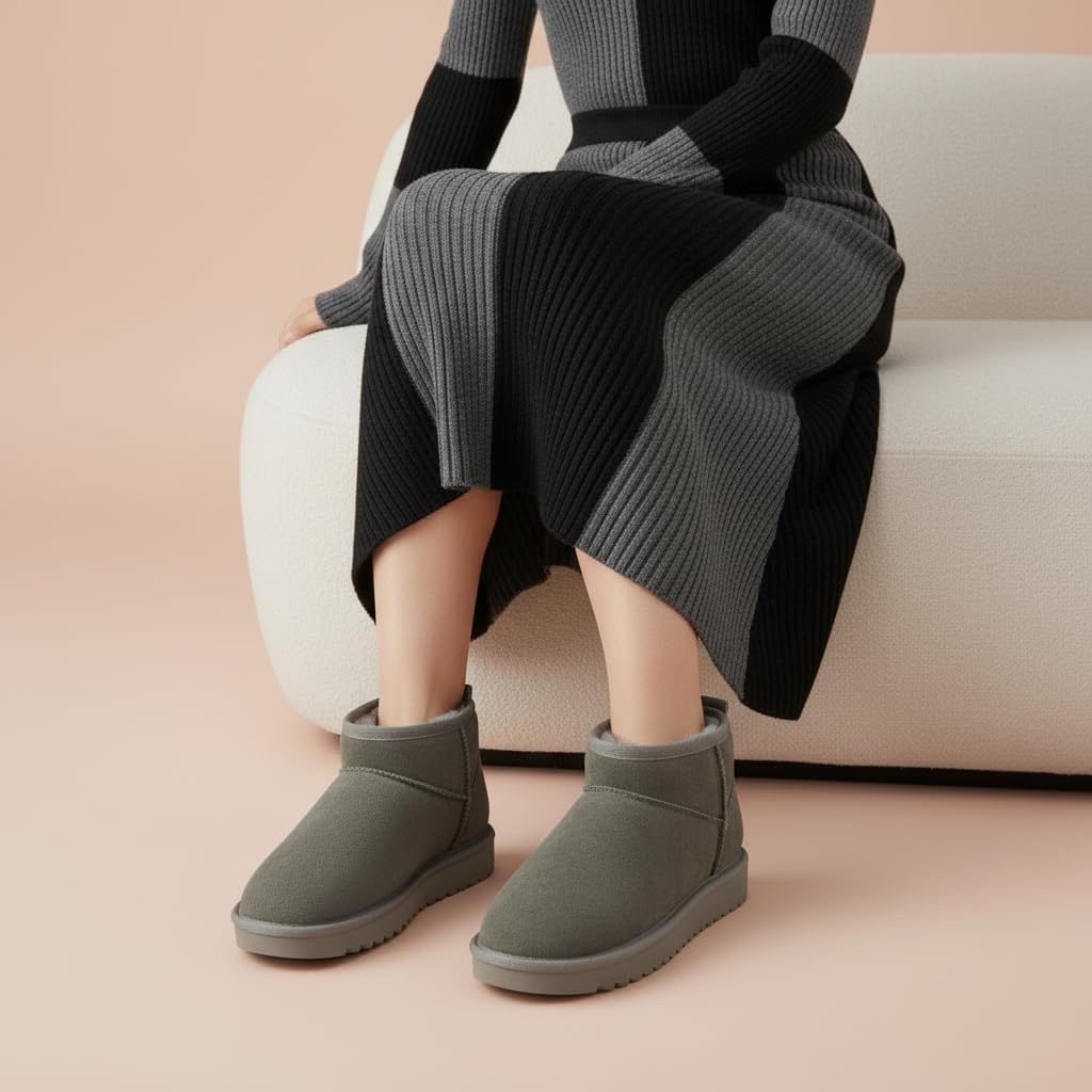 image:imageCUSHIONAIRE Hip3 Genuine Suede Leather Ankle Boots for Women Pull On Cozy Faux Fur Boots Womens Shoes with Comfortable Memory FoamGray Steel Genuine Suede