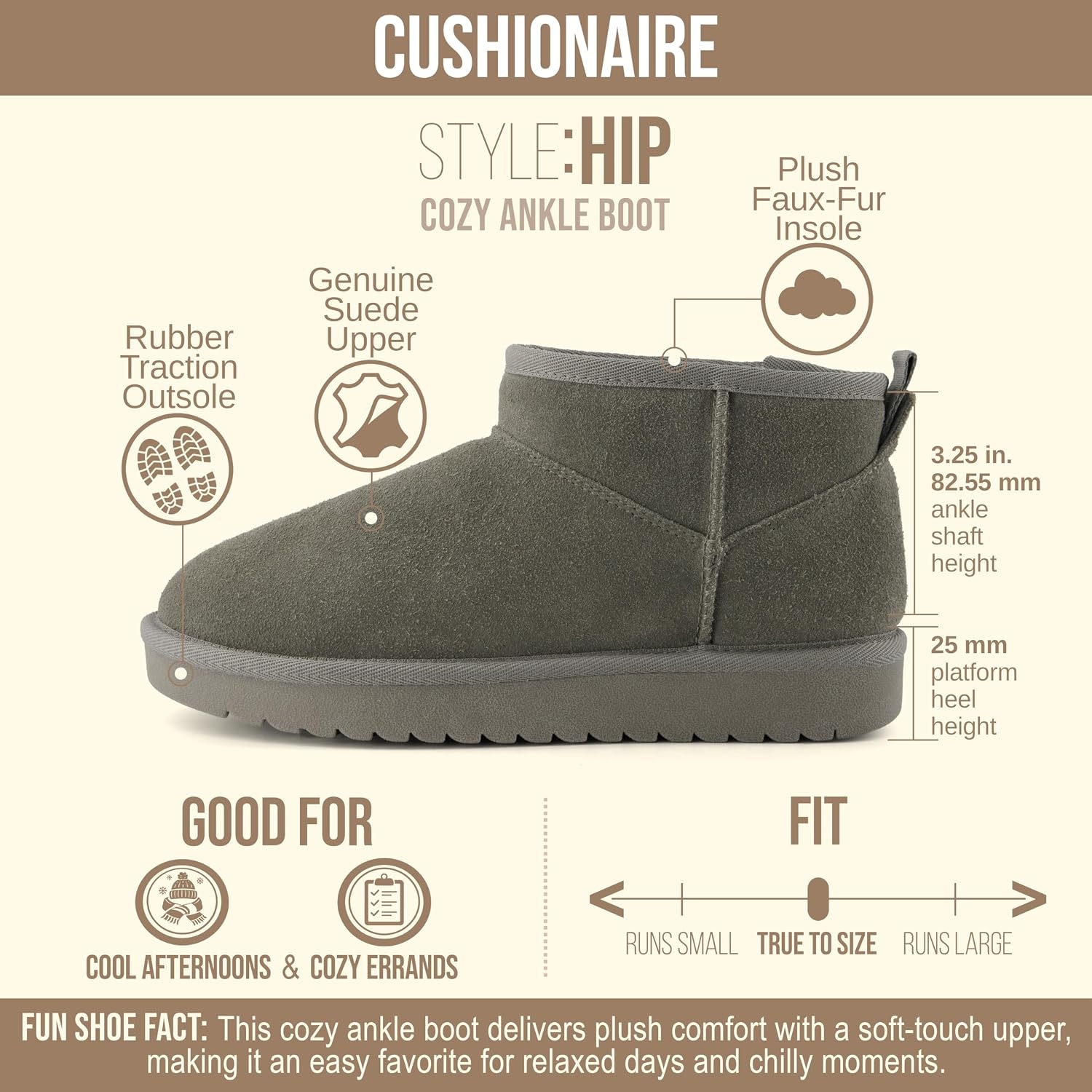 image:imageCUSHIONAIRE Hip3 Genuine Suede Leather Ankle Boots for Women Pull On Cozy Faux Fur Boots Womens Shoes with Comfortable Memory FoamGray Steel Genuine Suede