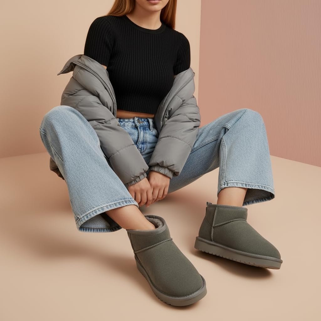 image:imageCUSHIONAIRE Hip3 Genuine Suede Leather Ankle Boots for Women Pull On Cozy Faux Fur Boots Womens Shoes with Comfortable Memory FoamGray Steel Genuine Suede