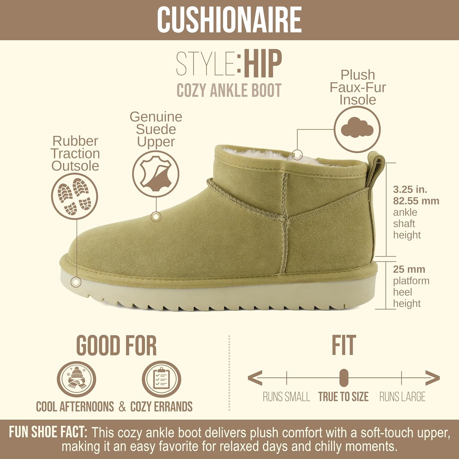 image:imageCUSHIONAIRE Hip3 Genuine Suede Leather Ankle Boots for Women Pull On Cozy Faux Fur Boots Womens Shoes with Comfortable Memory FoamKhaki Genuine Suede