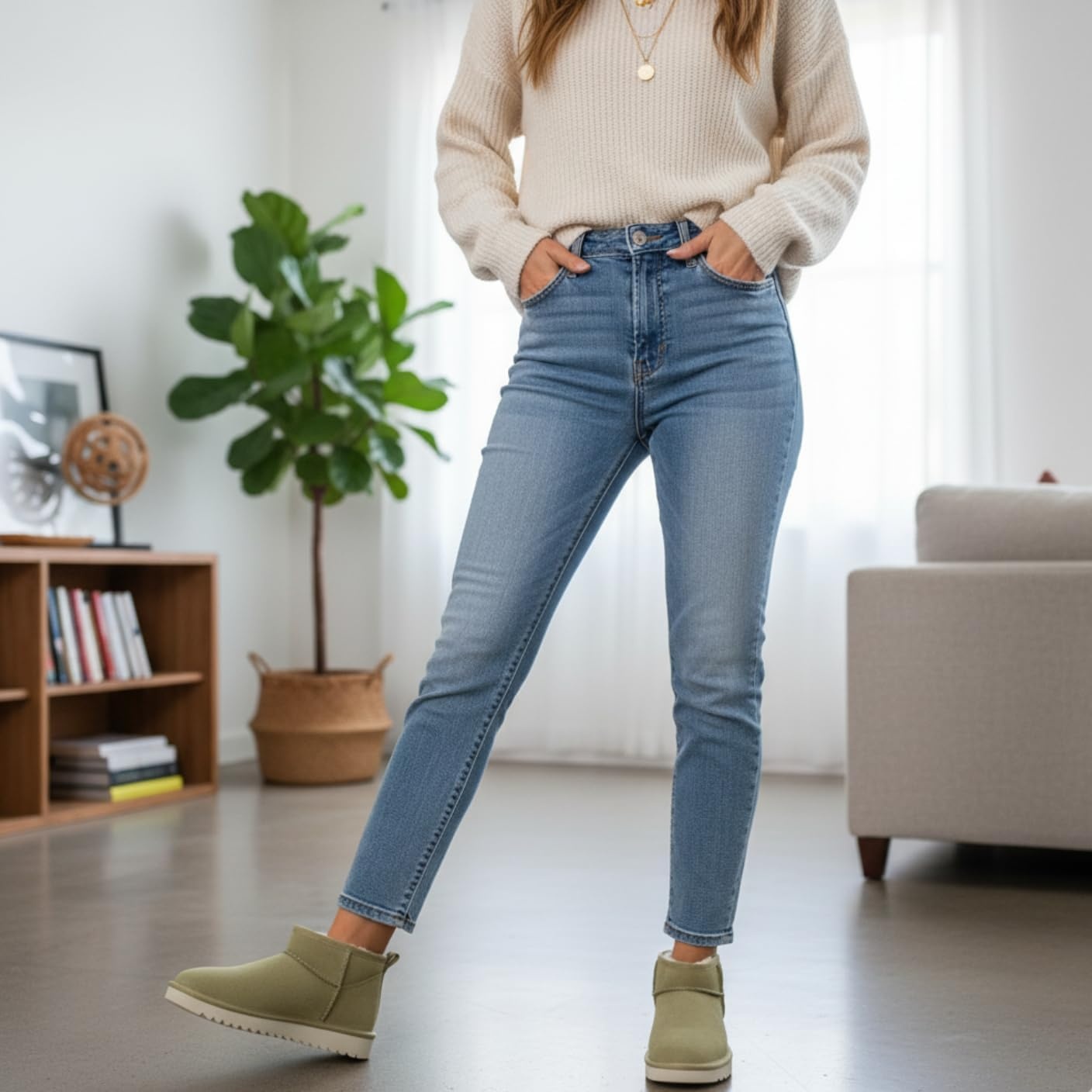 image:imageCUSHIONAIRE Hip3 Genuine Suede Leather Ankle Boots for Women Pull On Cozy Faux Fur Boots Womens Shoes with Comfortable Memory FoamKhaki Genuine Suede