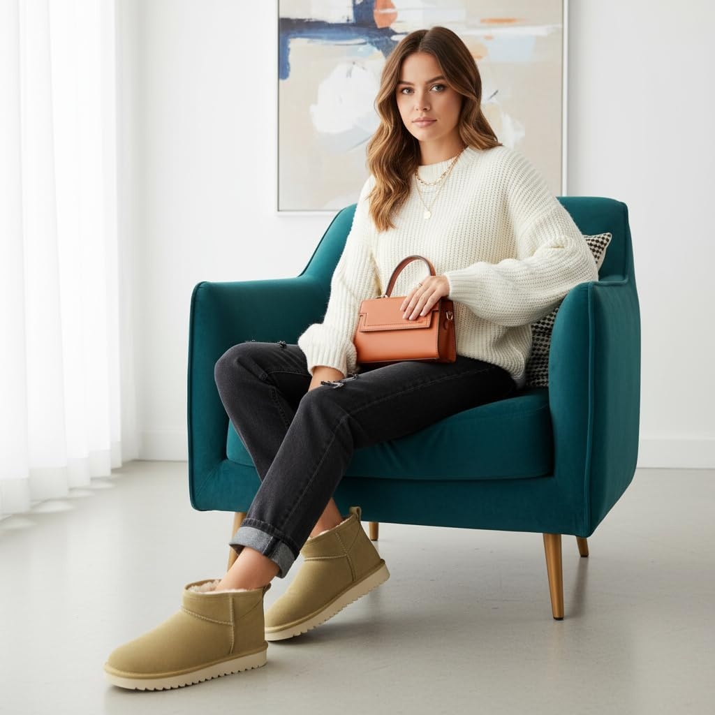 image:imageCUSHIONAIRE Hip3 Genuine Suede Leather Ankle Boots for Women Pull On Cozy Faux Fur Boots Womens Shoes with Comfortable Memory FoamKhaki Genuine Suede