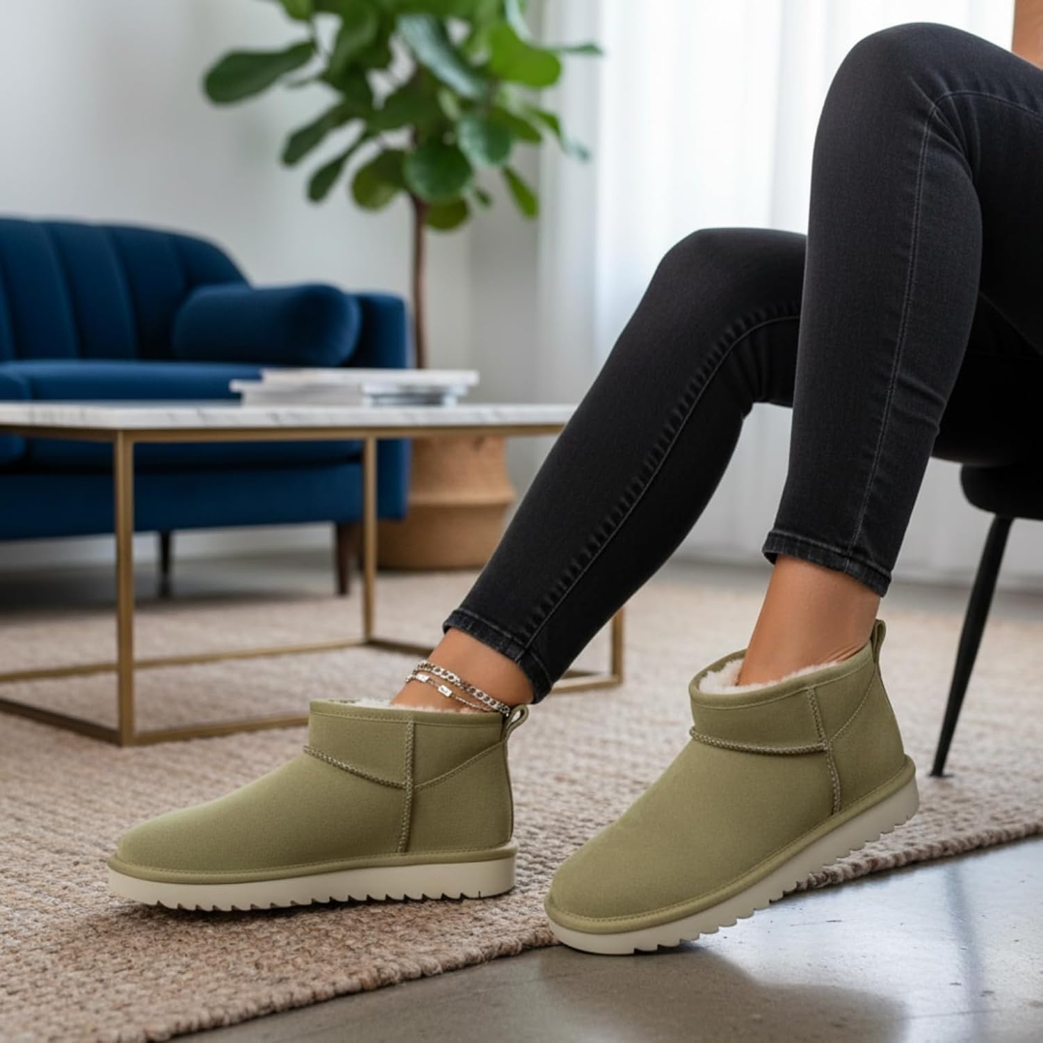 image:imageCUSHIONAIRE Hip3 Genuine Suede Leather Ankle Boots for Women Pull On Cozy Faux Fur Boots Womens Shoes with Comfortable Memory FoamKhaki Genuine Suede