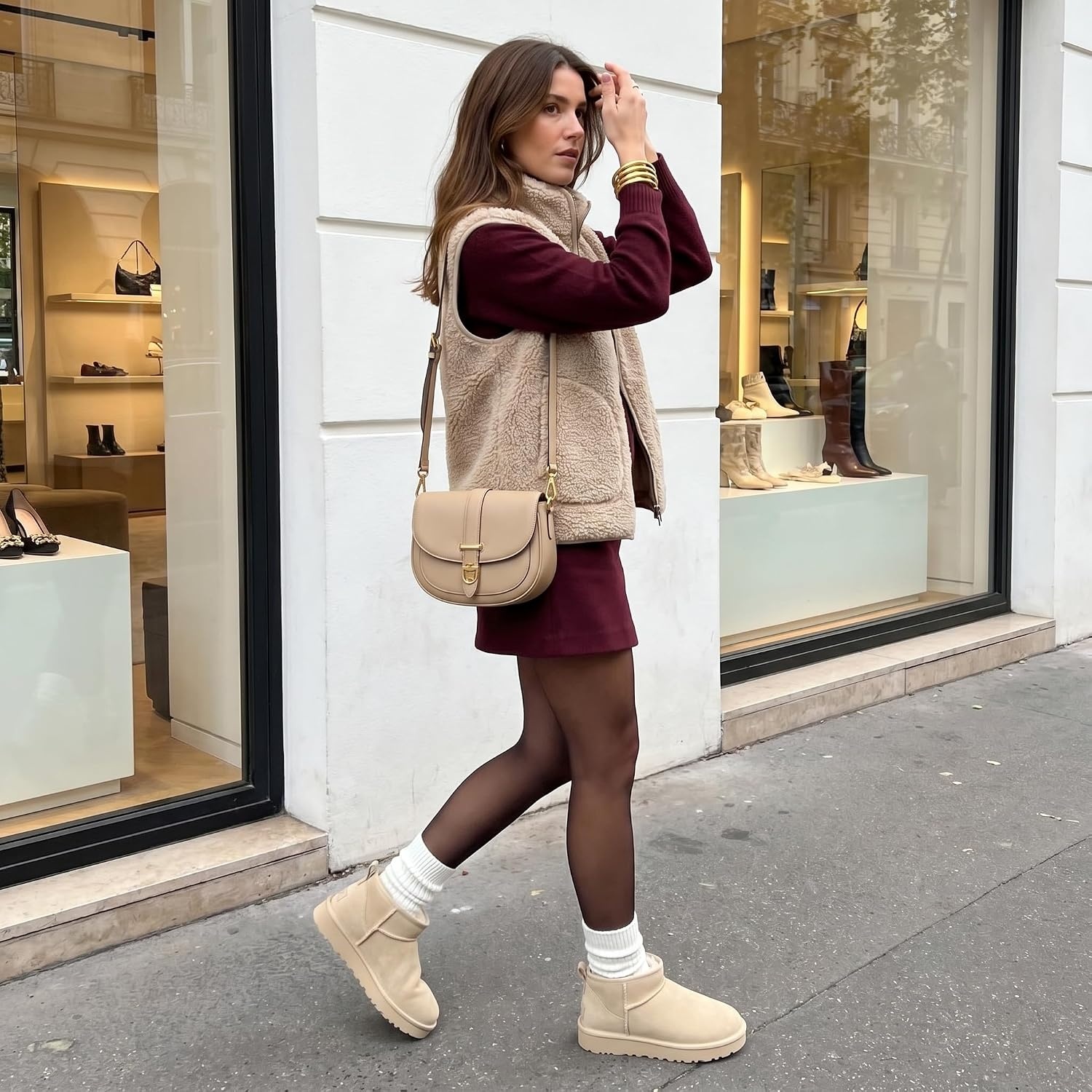 image:imageCUSHIONAIRE Hip3 Genuine Suede Leather Ankle Boots for Women Pull On Cozy Faux Fur Boots Womens Shoes with Comfortable Memory FoamSand Genuine Suede