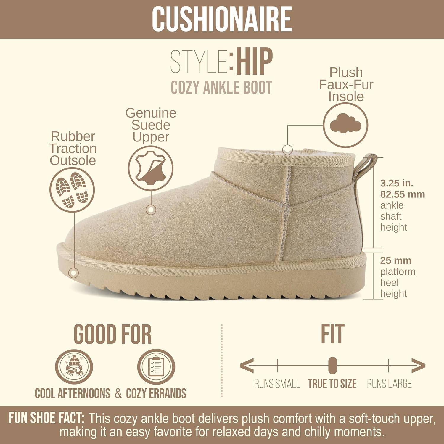 image:imageCUSHIONAIRE Hip3 Genuine Suede Leather Ankle Boots for Women Pull On Cozy Faux Fur Boots Womens Shoes with Comfortable Memory FoamSand Genuine Suede