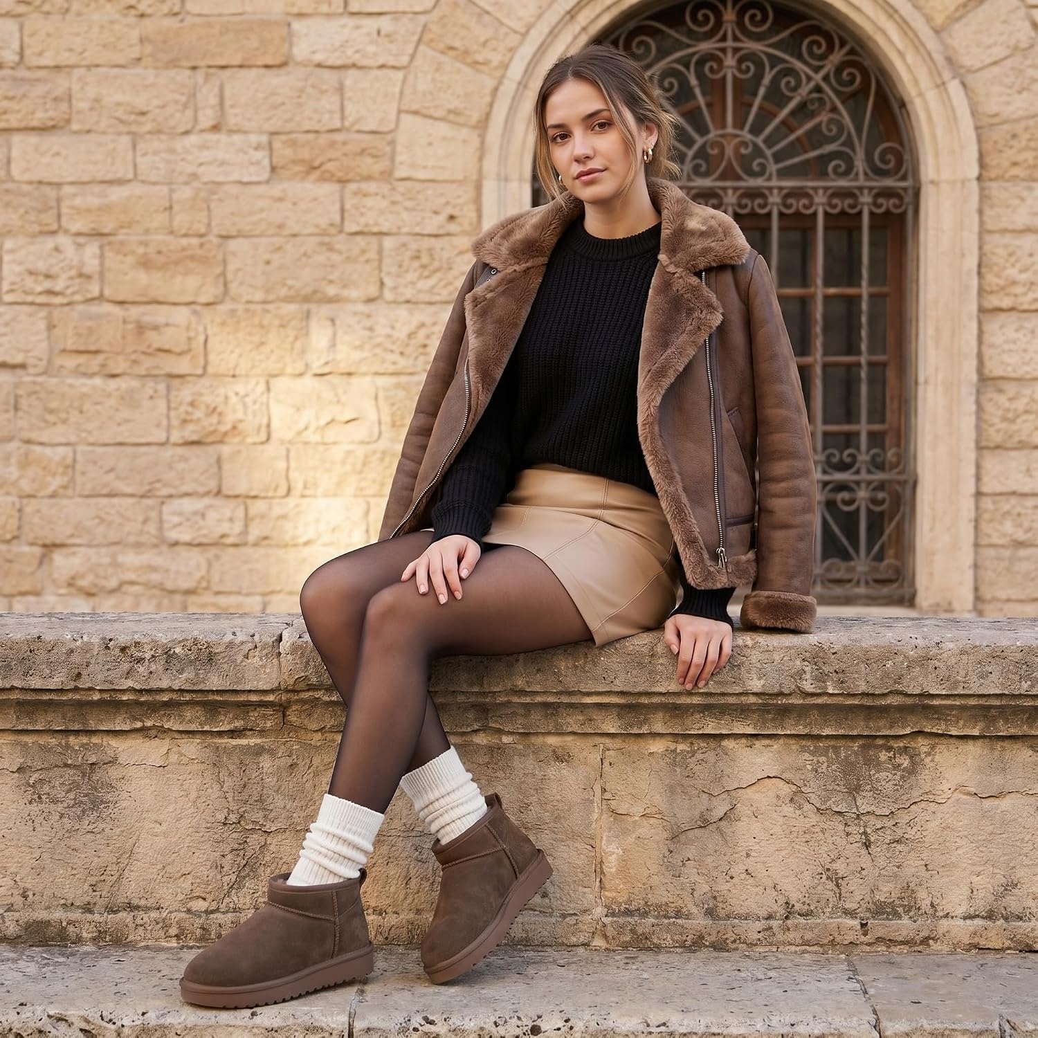 image:imageCUSHIONAIRE Hip3 Genuine Suede Leather Ankle Boots for Women Pull On Cozy Faux Fur Boots Womens Shoes with Comfortable Memory FoamTaupe Genuine Suede