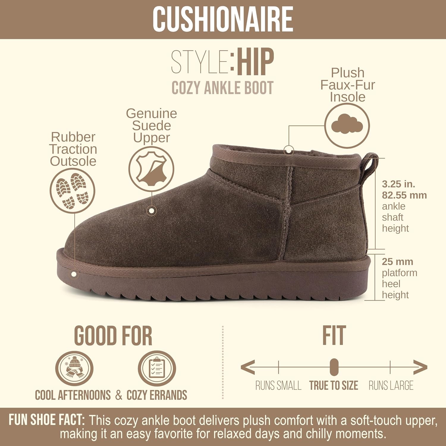 image:imageCUSHIONAIRE Hip3 Genuine Suede Leather Ankle Boots for Women Pull On Cozy Faux Fur Boots Womens Shoes with Comfortable Memory FoamTaupe Genuine Suede