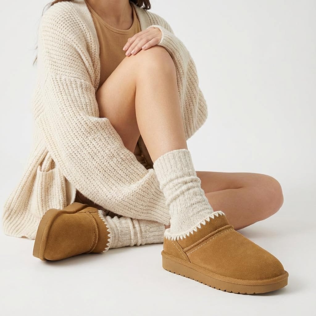 image:imageCUSHIONAIRE Homemade Suede Mule Womens Slippers Faux Fur Lining with Stitching Detail Trim Durable House Slippers for Women Indoor OutdoorChestnut