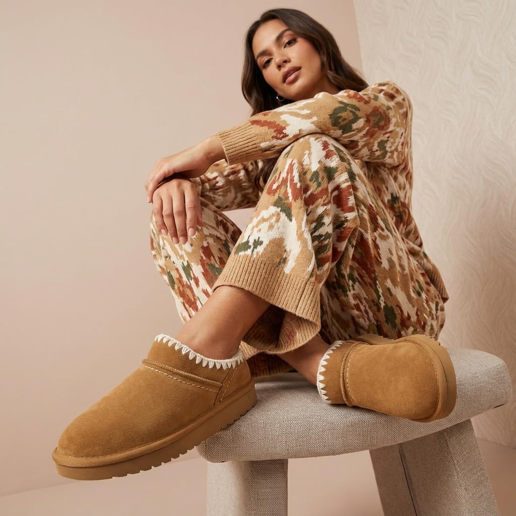 image:imageCUSHIONAIRE Homemade Suede Mule Womens Slippers Faux Fur Lining with Stitching Detail Trim Durable House Slippers for Women Indoor OutdoorChestnut