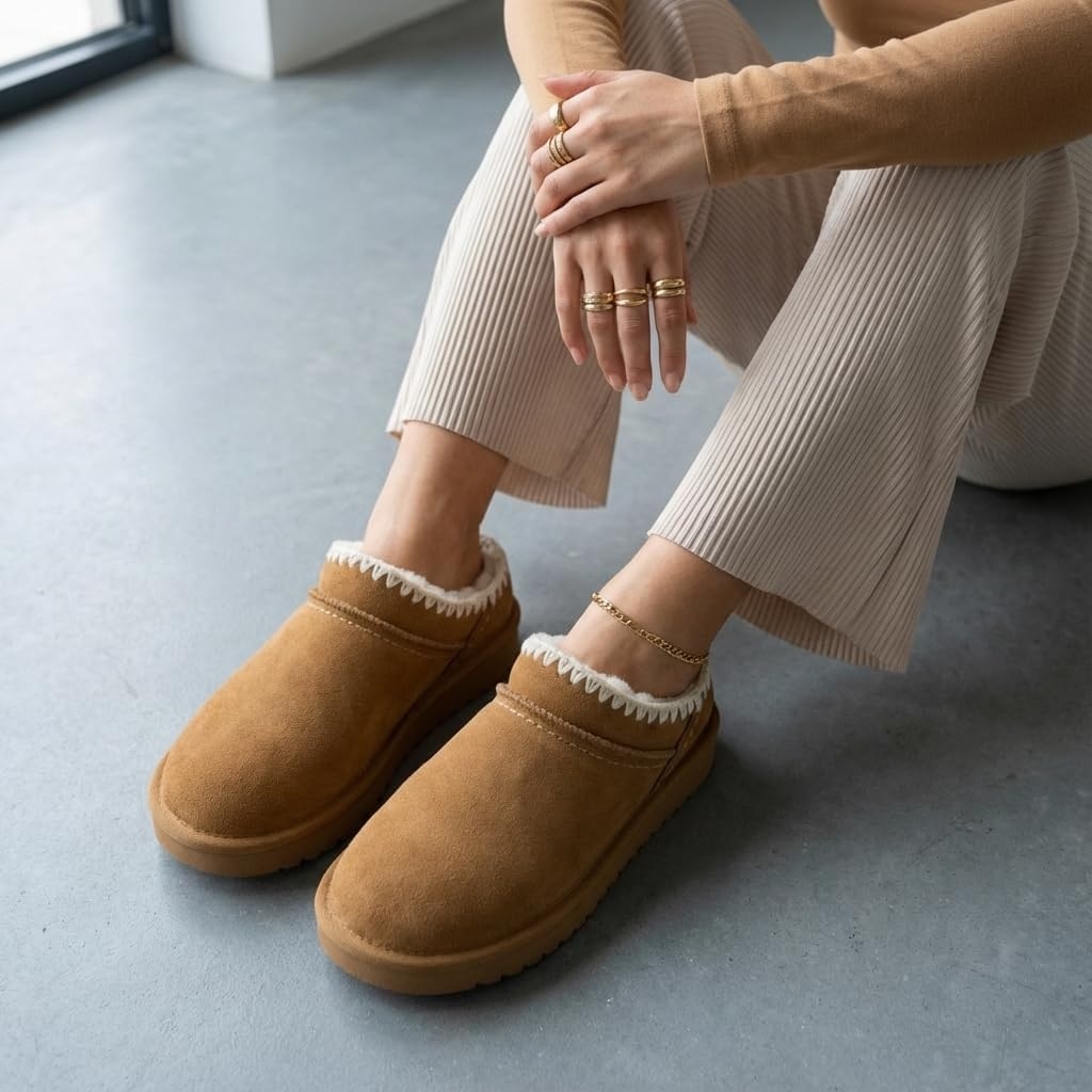 image:imageCUSHIONAIRE Homemade Suede Mule Womens Slippers Faux Fur Lining with Stitching Detail Trim Durable House Slippers for Women Indoor OutdoorChestnut