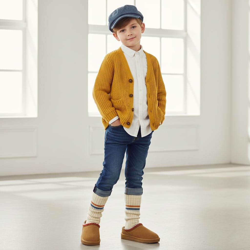 image:imageCUSHIONAIRE Keto Genuine Suede Leather Kids Slippers for Boys and Girls Cozy SlipOn Mule House Shoes with Faux Fur Lining Cushioned Memory Foam ComfortChestnut