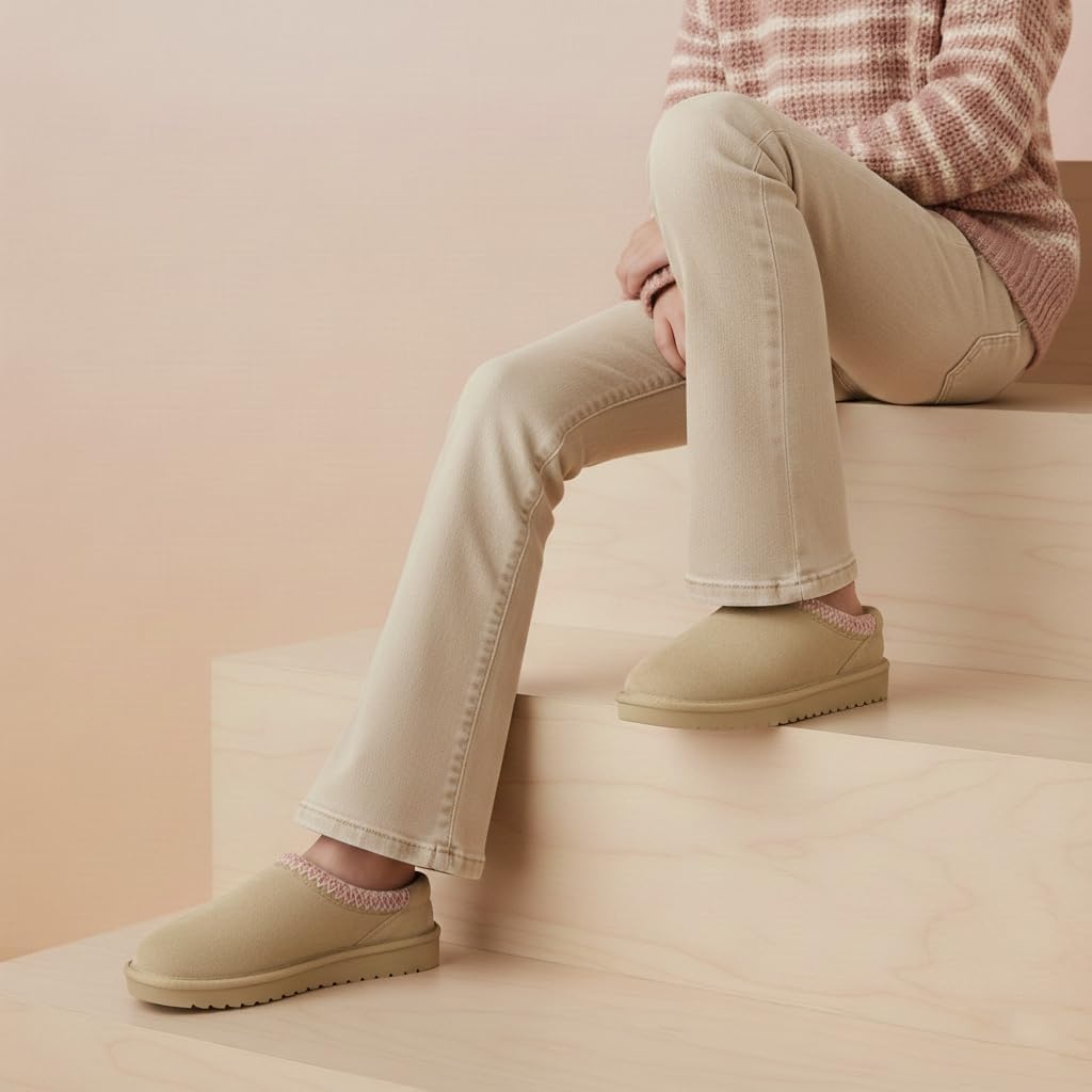 image:imageCUSHIONAIRE Keto Genuine Suede Leather Kids Slippers for Boys and Girls Cozy SlipOn Mule House Shoes with Faux Fur Lining Cushioned Memory Foam ComfortSandpink