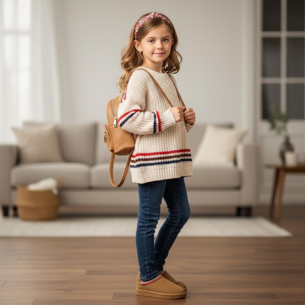 image:imageCUSHIONAIRE Keto Genuine Suede Leather Kids Slippers for Boys and Girls Cozy SlipOn Mule House Shoes with Faux Fur Lining Cushioned Memory Foam ComfortChestnut