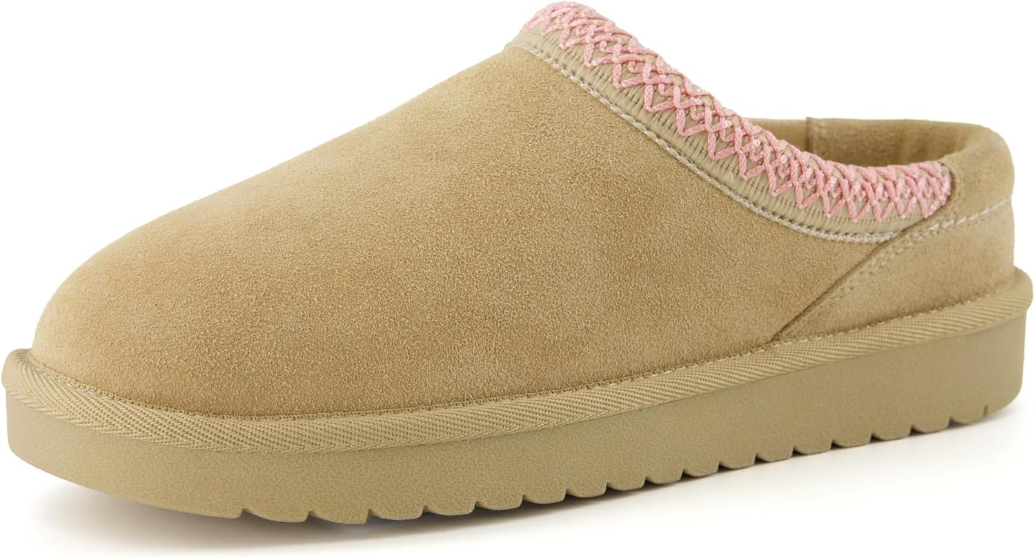 image:imageCUSHIONAIRE Keto Genuine Suede Leather Kids Slippers for Boys and Girls Cozy SlipOn Mule House Shoes with Faux Fur Lining Cushioned Memory Foam ComfortSandpink
