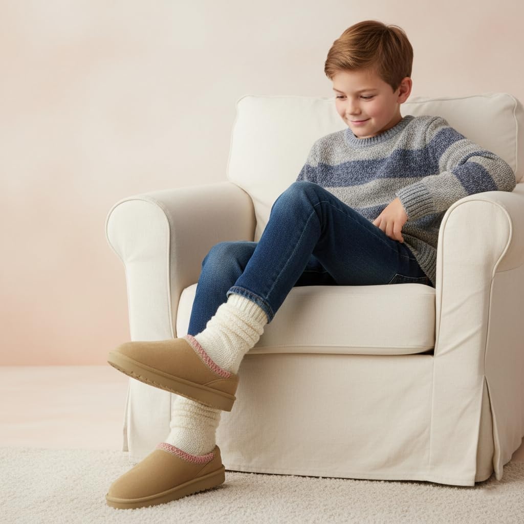 image:imageCUSHIONAIRE Keto Genuine Suede Leather Kids Slippers for Boys and Girls Cozy SlipOn Mule House Shoes with Faux Fur Lining Cushioned Memory Foam ComfortSandpink