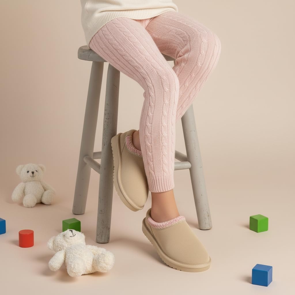 image:imageCUSHIONAIRE Keto Genuine Suede Leather Kids Slippers for Boys and Girls Cozy SlipOn Mule House Shoes with Faux Fur Lining Cushioned Memory Foam ComfortSandpink