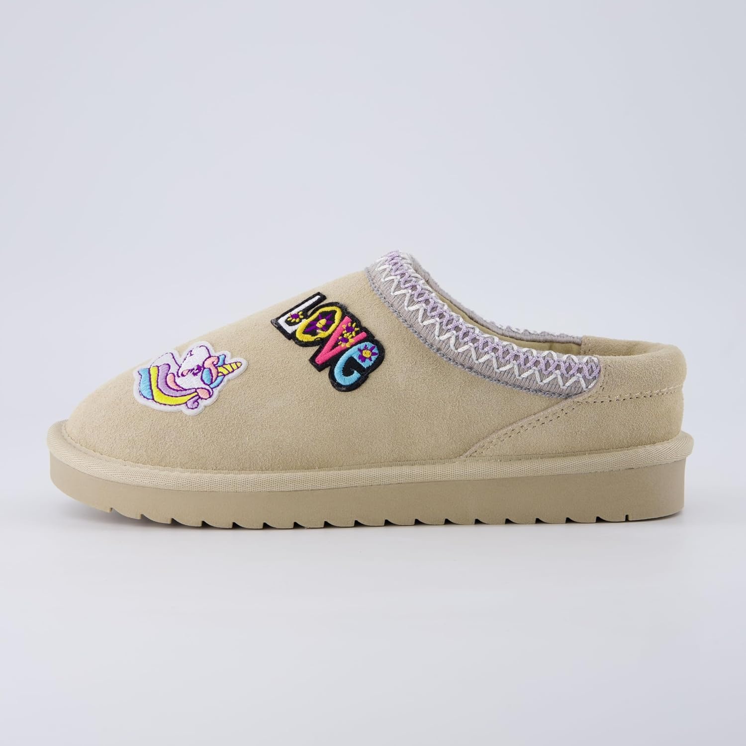 image:imageCUSHIONAIRE Keto Genuine Suede Leather Kids Slippers for Boys and Girls Cozy SlipOn Mule House Shoes with Faux Fur Lining Cushioned Memory Foam ComfortSand