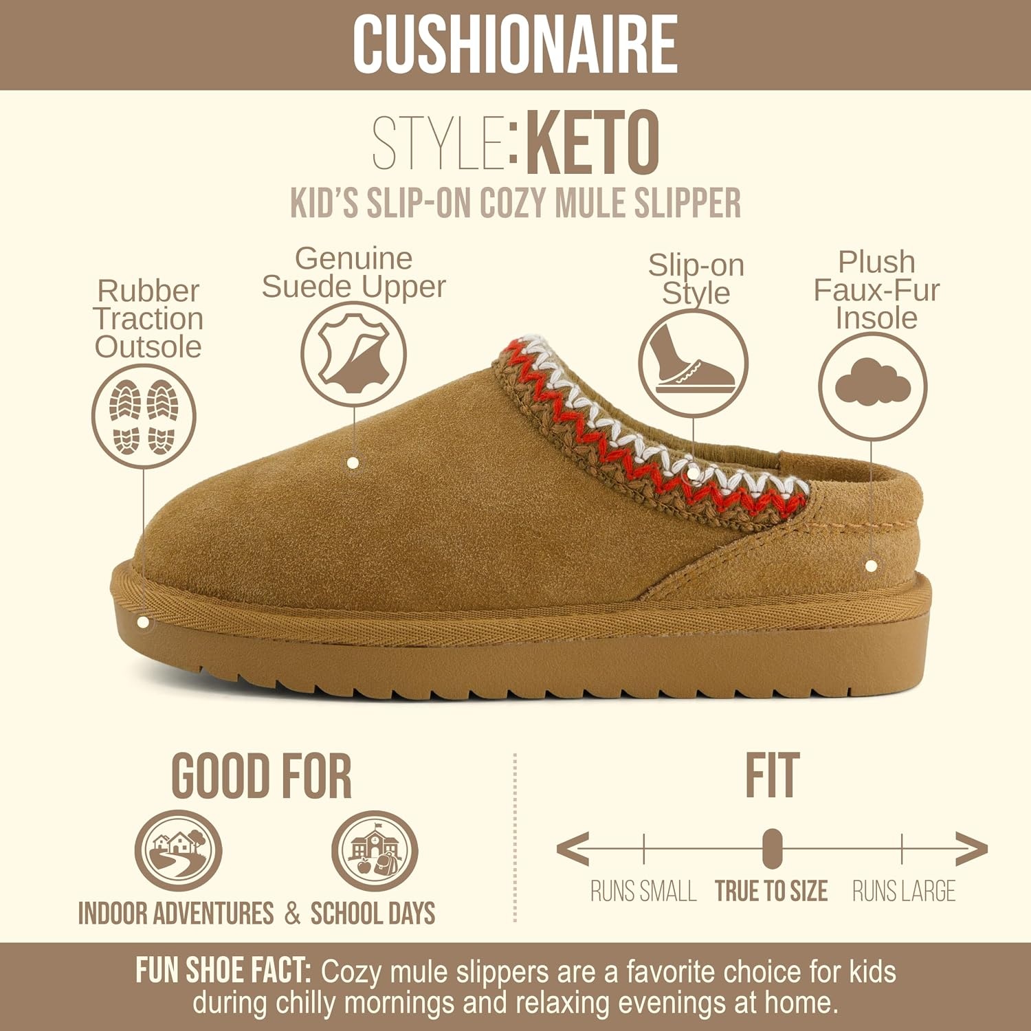 image:imageCUSHIONAIRE Keto Genuine Suede Leather Kids Slippers for Boys and Girls Cozy SlipOn Mule House Shoes with Faux Fur Lining Cushioned Memory Foam ComfortChestnut