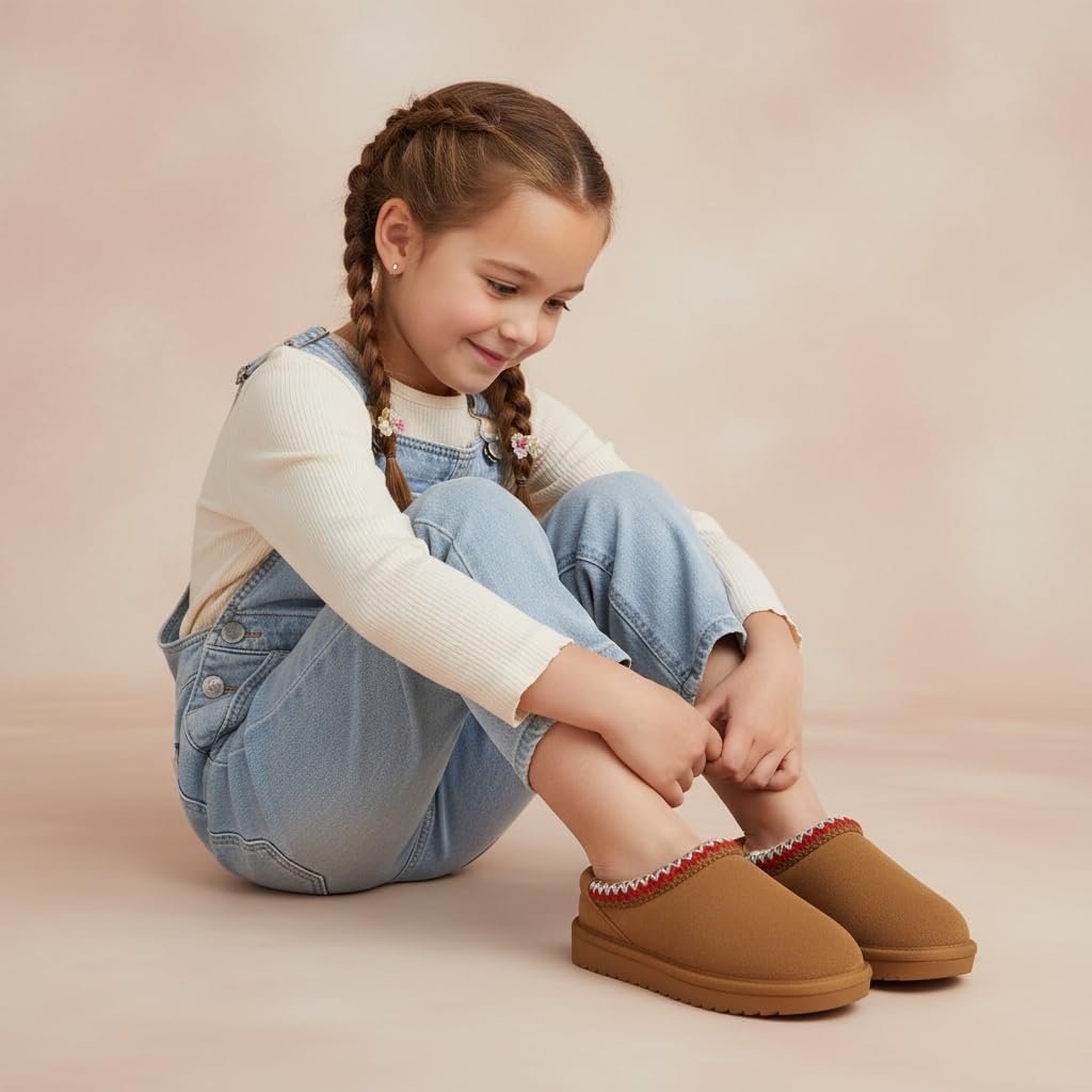 image:imageCUSHIONAIRE Keto Genuine Suede Leather Kids Slippers for Boys and Girls Cozy SlipOn Mule House Shoes with Faux Fur Lining Cushioned Memory Foam ComfortChestnut