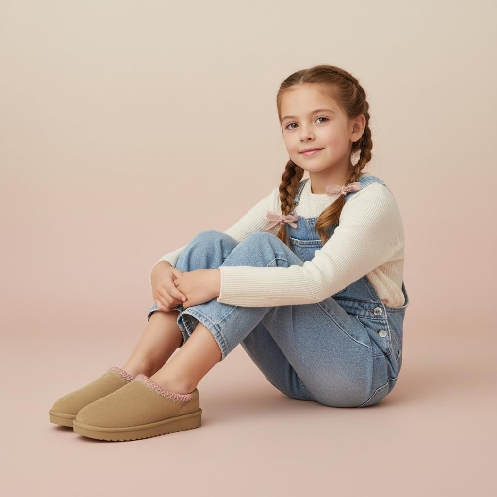 image:imageCUSHIONAIRE Keto Genuine Suede Leather Kids Slippers for Boys and Girls Cozy SlipOn Mule House Shoes with Faux Fur Lining Cushioned Memory Foam ComfortSandpink