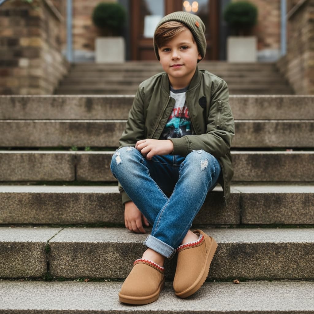 image:imageCUSHIONAIRE Keto Genuine Suede Leather Kids Slippers for Boys and Girls Cozy SlipOn Mule House Shoes with Faux Fur Lining Cushioned Memory Foam ComfortChestnut