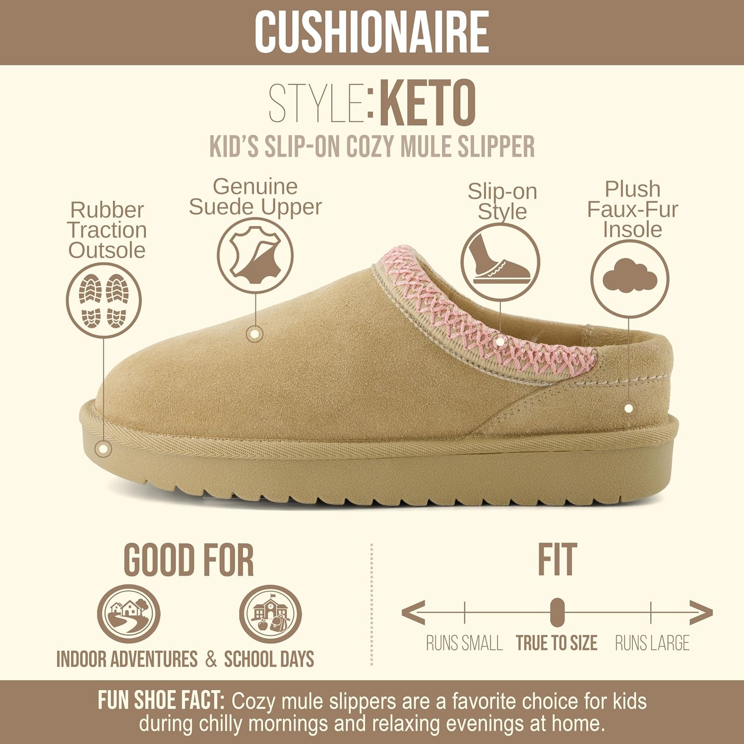 image:imageCUSHIONAIRE Keto Genuine Suede Leather Kids Slippers for Boys and Girls Cozy SlipOn Mule House Shoes with Faux Fur Lining Cushioned Memory Foam ComfortSandpink