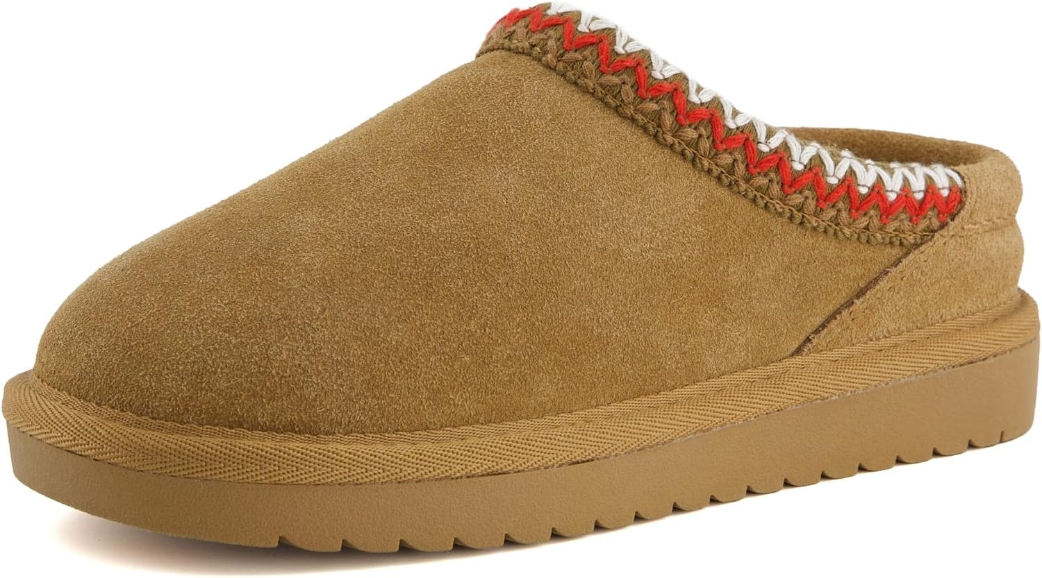 image:imageCUSHIONAIRE Keto Genuine Suede Leather Kids Slippers for Boys and Girls Cozy SlipOn Mule House Shoes with Faux Fur Lining Cushioned Memory Foam ComfortChestnut