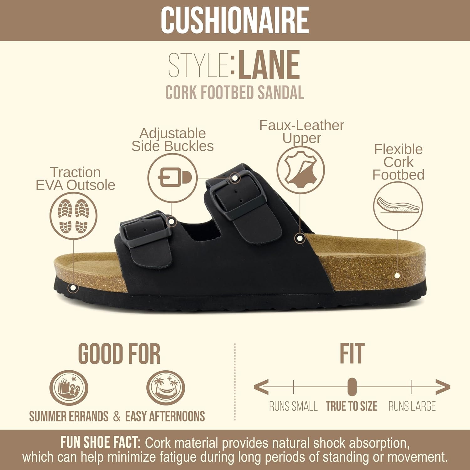 image:imageCUSHIONAIRE Lane Cork Footbed Womens Sandals Comfortable Double Buckle Slip On Sandals for Women with Arch Support and Classic Two Strap DesignBlack
