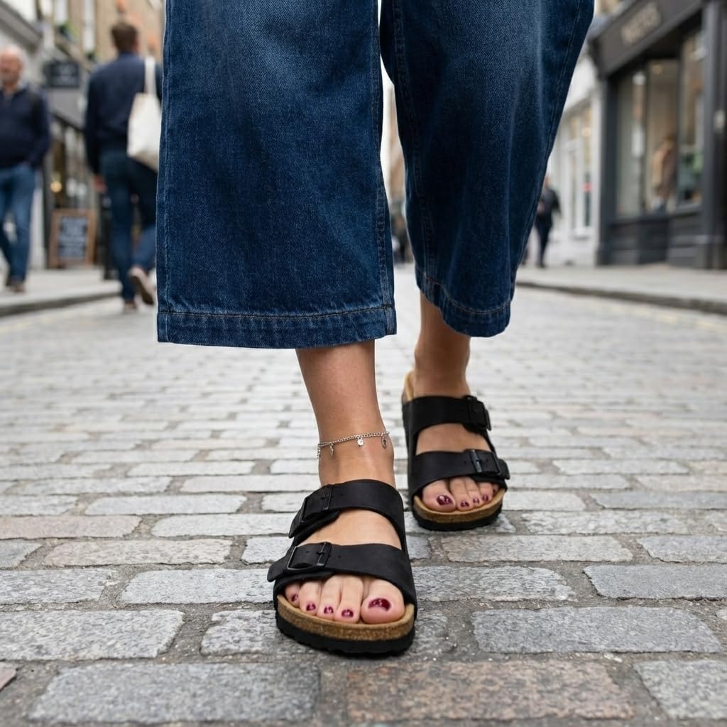 image:imageCUSHIONAIRE Lane Cork Footbed Womens Sandals Comfortable Double Buckle Slip On Sandals for Women with Arch Support and Classic Two Strap DesignBlack