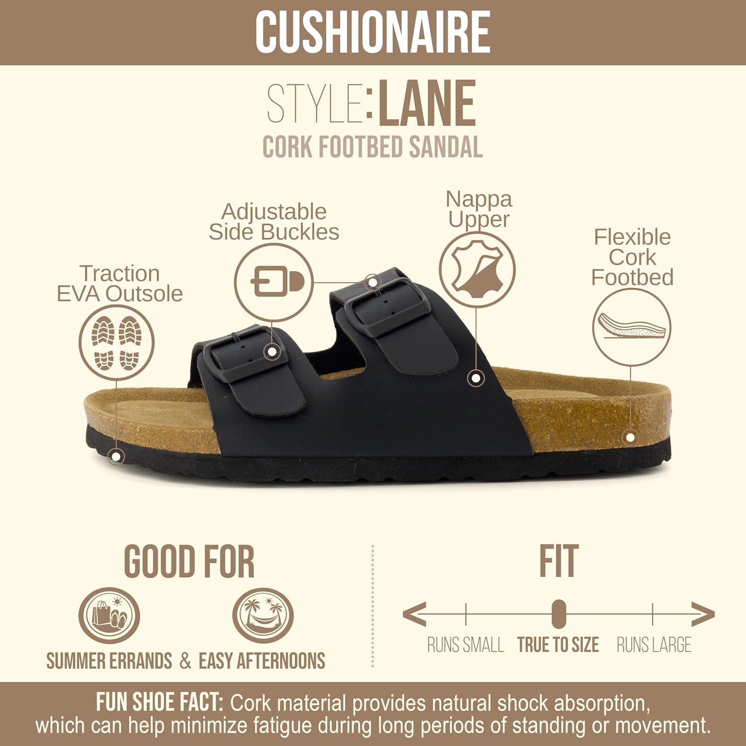 image:imageCUSHIONAIRE Lane Cork Footbed Womens Sandals Comfortable Double Buckle Slip On Sandals for Women with Arch Support and Classic Two Strap DesignBlack Nappa