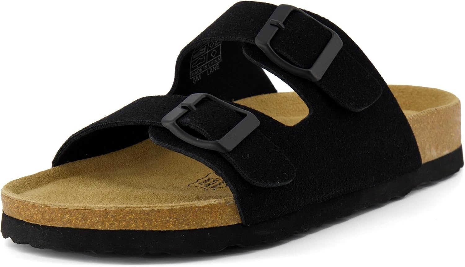 image:imageCUSHIONAIRE Lane Cork Footbed Womens Sandals Comfortable Double Buckle Slip On Sandals for Women with Arch Support and Classic Two Strap DesignBlack Vegan Suede