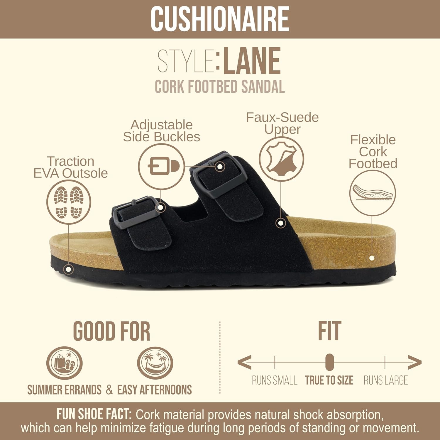 image:imageCUSHIONAIRE Lane Cork Footbed Womens Sandals Comfortable Double Buckle Slip On Sandals for Women with Arch Support and Classic Two Strap DesignBlack Vegan Suede