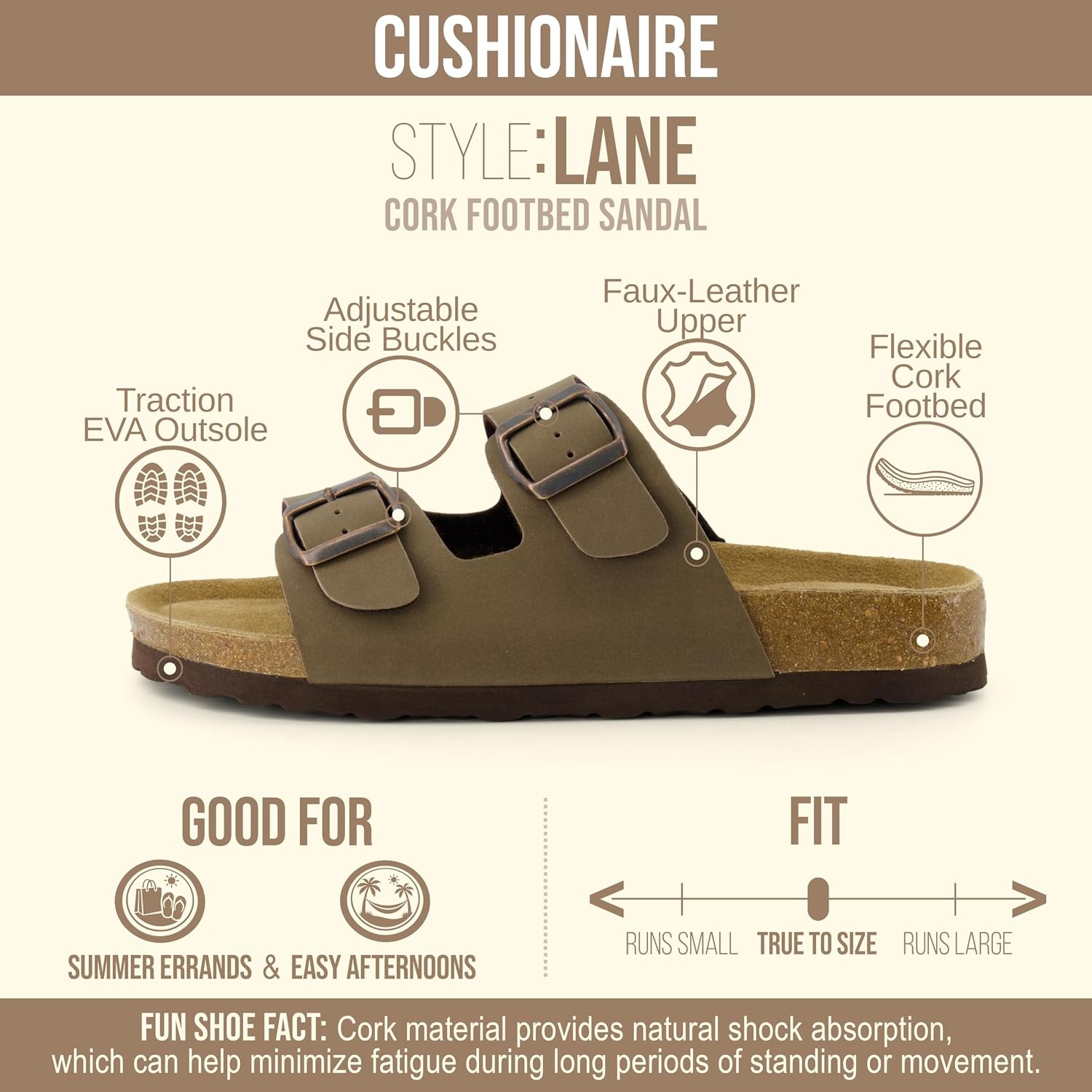 image:imageCUSHIONAIRE Lane Cork Footbed Womens Sandals Comfortable Double Buckle Slip On Sandals for Women with Arch Support and Classic Two Strap DesignBrown