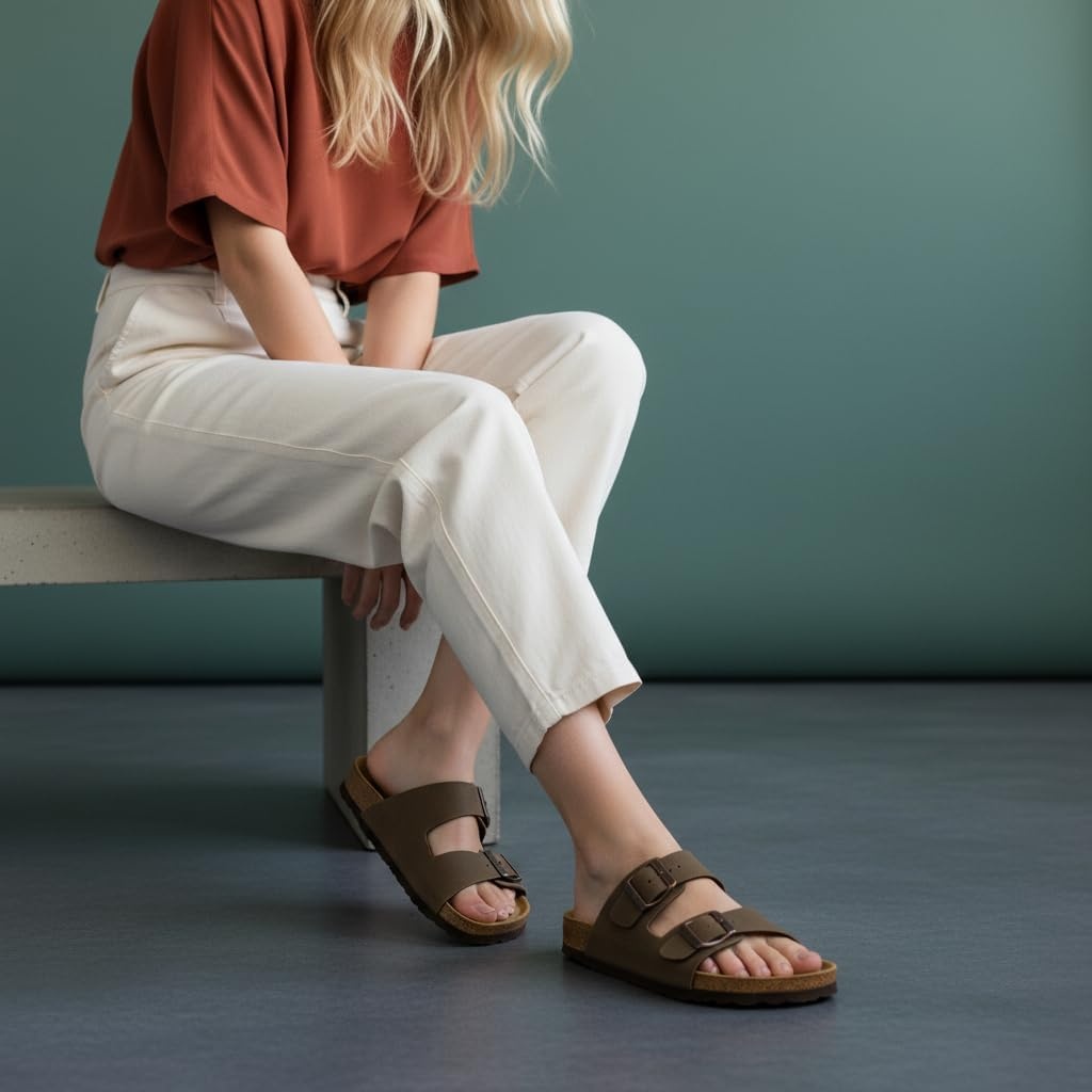 image:imageCUSHIONAIRE Lane Cork Footbed Womens Sandals Comfortable Double Buckle Slip On Sandals for Women with Arch Support and Classic Two Strap DesignBrown